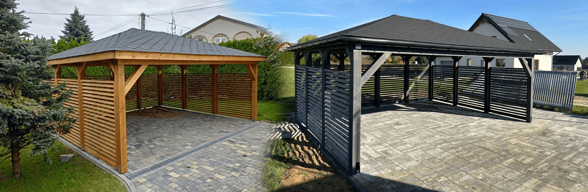 Nowoczesna wiata samochodowa drewniana przy domu